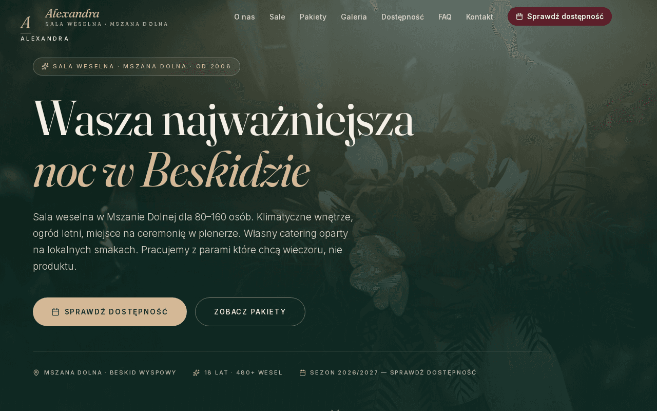 Sala weselna / wesela — Restauracja Alexandra — sala weselna, Mszana Dolna, Beskid Wyspowy